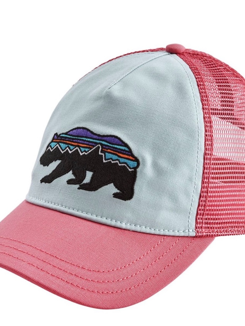 Patagonia Fitz Roy Bear Pink and Baby Blue Mesh Trucker Hat SnapBack Adjustable